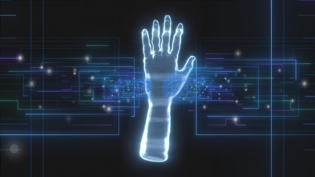 animación del procesamiento de datos digitales a través de la mano digital y la red de conexiones