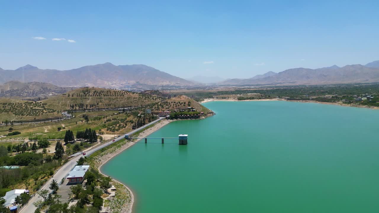 Aerial View of Lake Landscape in Kabul Afghanistan, Blue sky