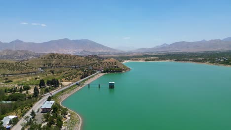 Aerial-View-of-Lake-Landscape-in-Kabul-Afghanistan,-Blue-sky