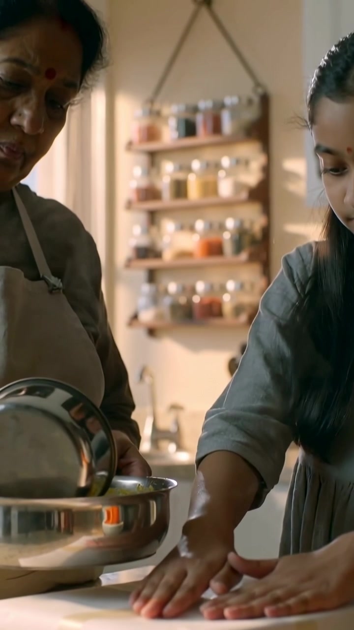 Video vertical: Mujer vertiendo con delantal inclinando una cacerola, niño presionando masa en la cocina para hornear.