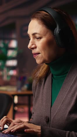vertical video older woman listening to online documentary on the topic she studies