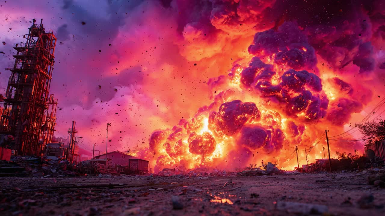 Spectacular and Chaotic Explosion at an Industrial Site: A Captivating Visual of Fiery Eruptions and Dark Smoke Against a Dramatic Rainbow Sky