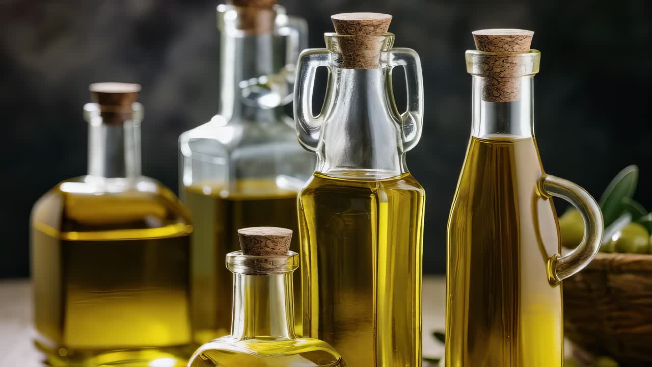Different glass bottles filled with golden olive oil are displayed on a wooden table, showcasing the variety of containers used for storing and presenting this essential culinary ingredient