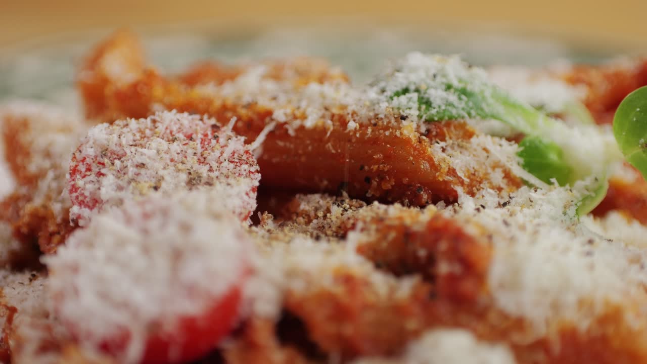 Traditional arrabbiata pasta, penne with tomato sauce close-up. Grated parmesan cheese on top.Homemade pasta at home. Cooking traditional Italian food. High quality 4k footage