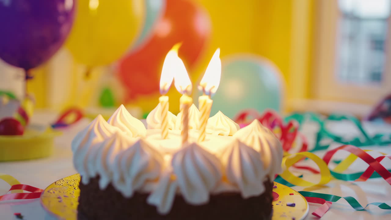 Birthday Cake with Lit Candles and Party Decorations