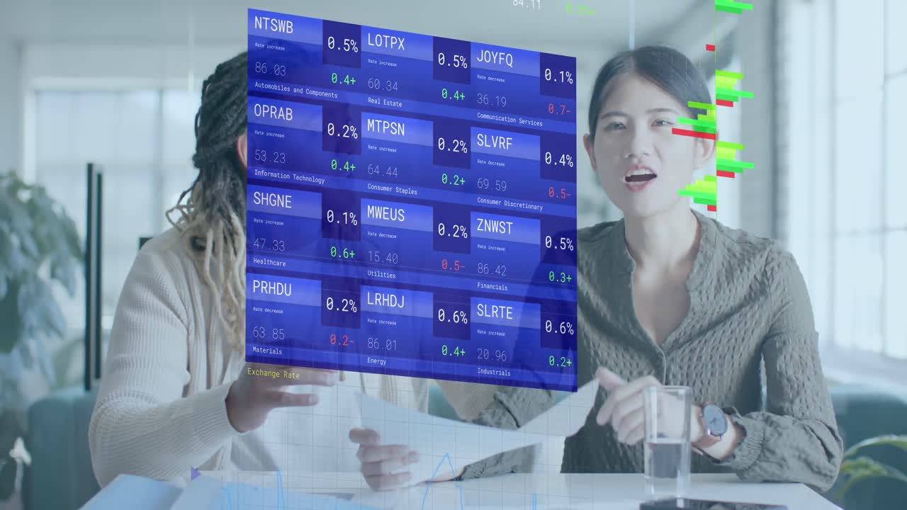 사무실에서 비디오 통화를 하는 다양한 캐주얼 비즈니스 동료에 대한 금융 데이터의 애니메이션