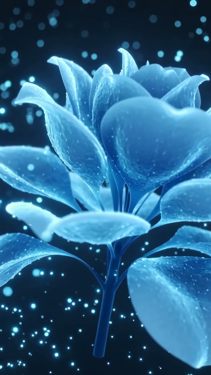 Vertical video: Zooming camera moving CGI luminous bloom closer in dark void revealing heart petal