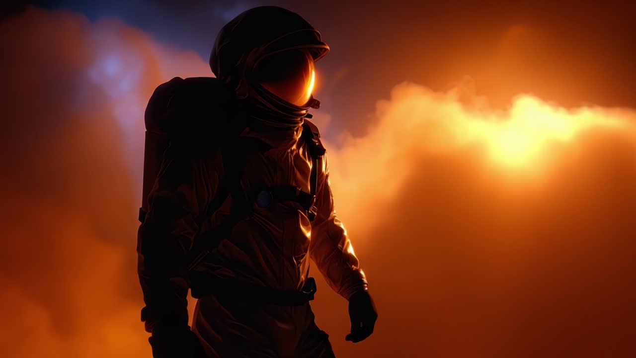 Un astronauta solitario navega a través de una nube de niebla naranja, iluminado por una luz cautivadora, encarnando el espíritu de exploración y los misterios del cosmos.