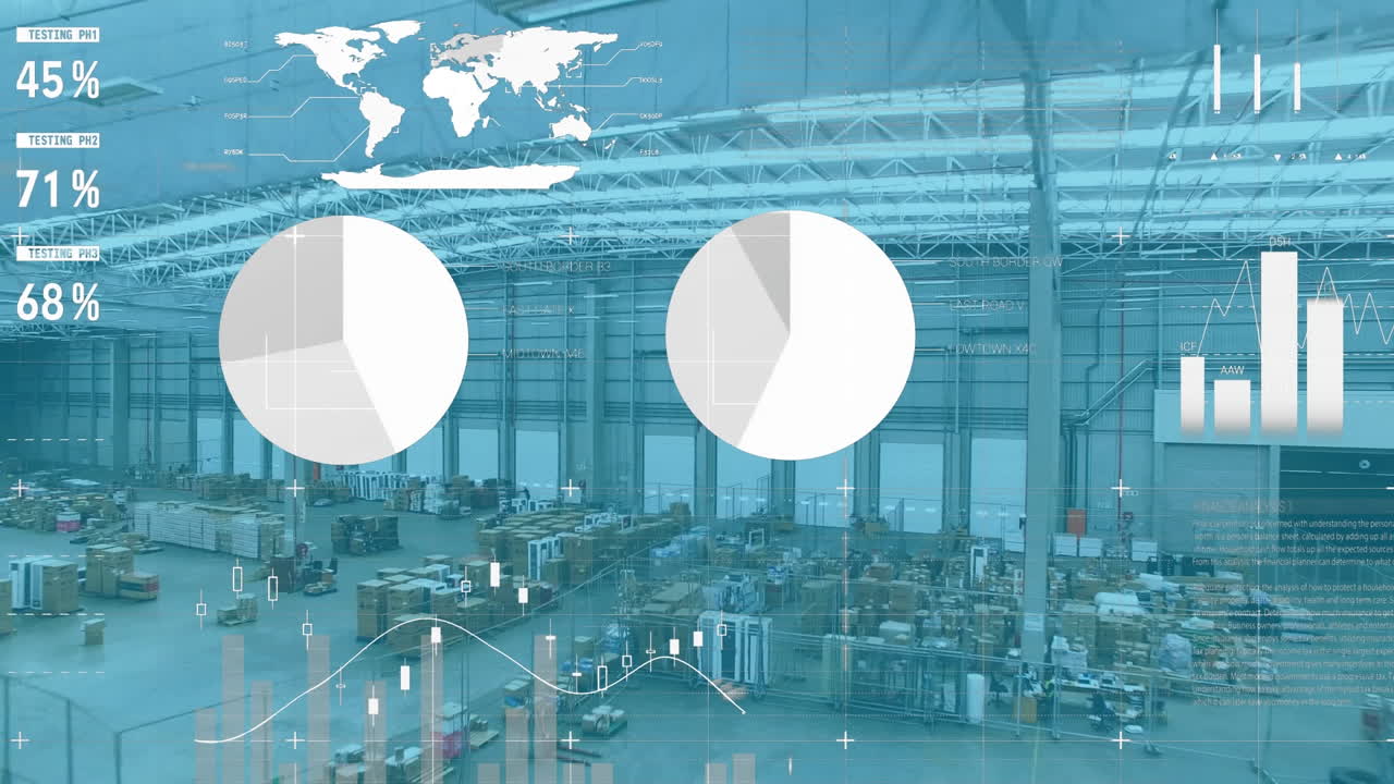 창고의 공중 전망에 대한 통계 데이터 처리 애니메이션