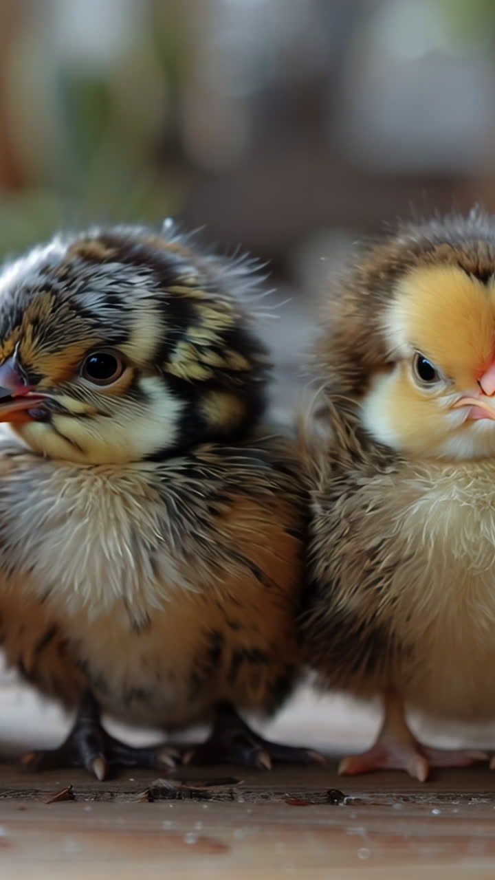 Four baby chicks standing in a row. The chicks are of different colors, with one being black, one being brown, and two being yellow. Concept of innocence and cuteness