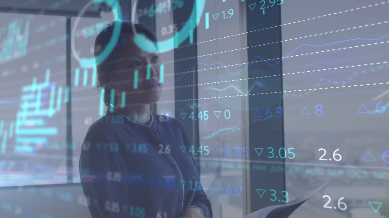 animación del procesamiento de datos financieros sobre el pensamiento de la mujer de negocios asiática