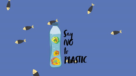 animatie van een fles met vis die in de zee drijft