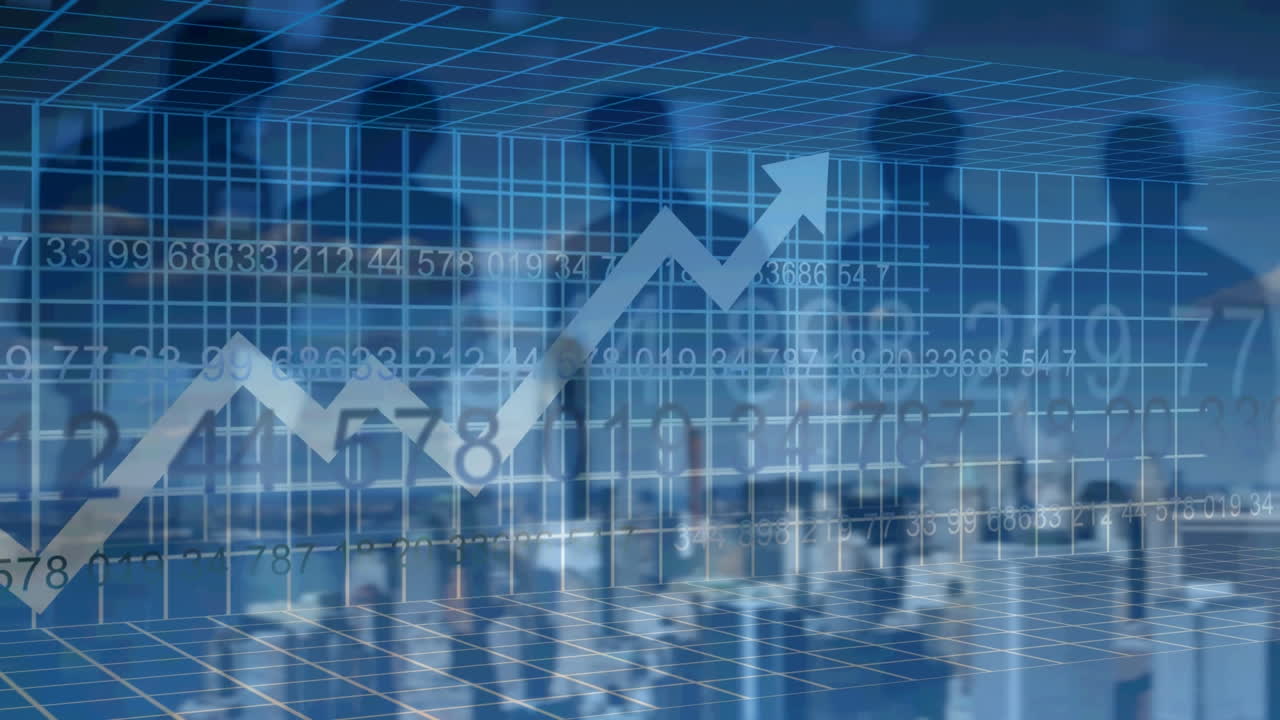 Statistische Datenverarbeitung und Binärcodierung vor der Silhouette von Geschäftsleuten