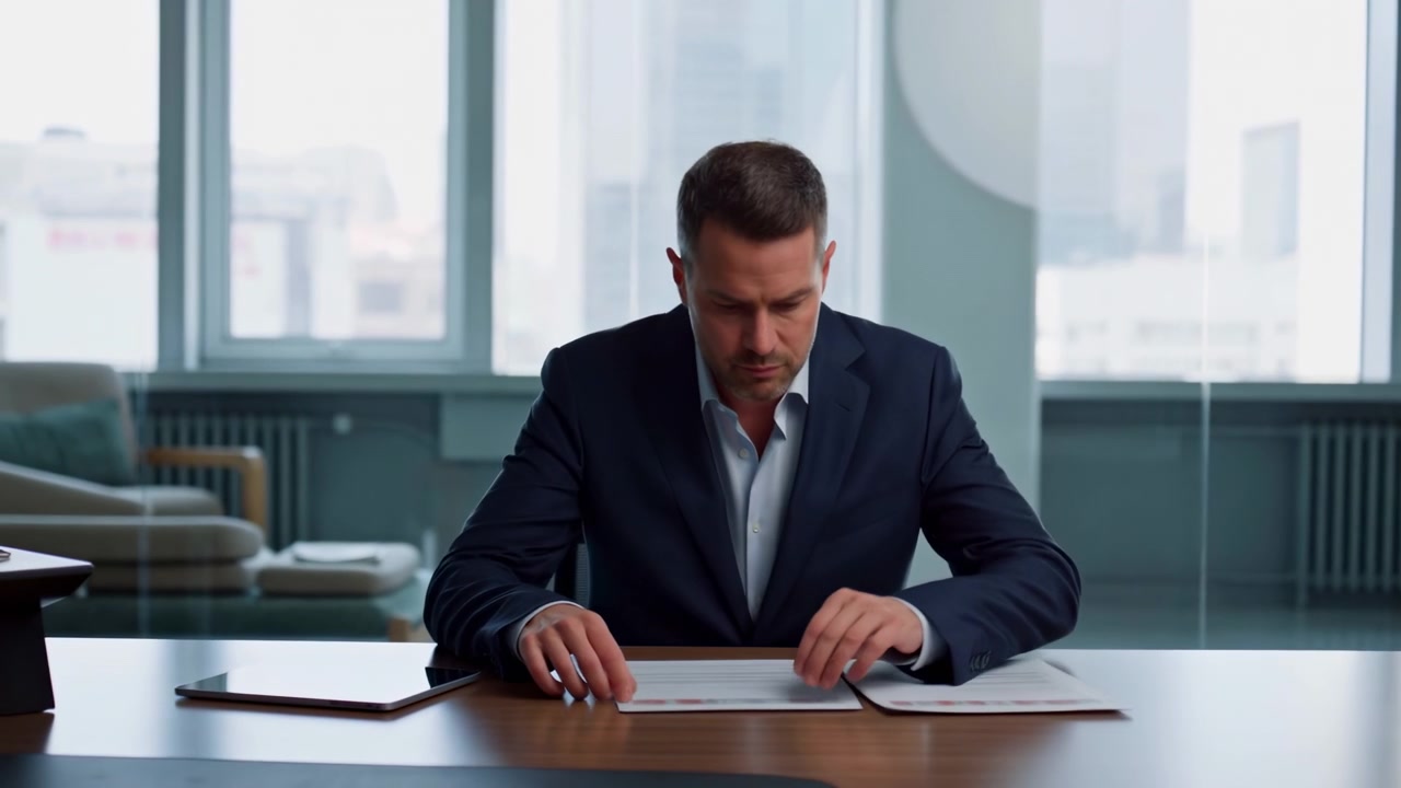Man in dark suit moves from windowed office seating area to desk, lowers into chair, reaches toward paperwork, and studies pages in soft daylight with large windows behind him.