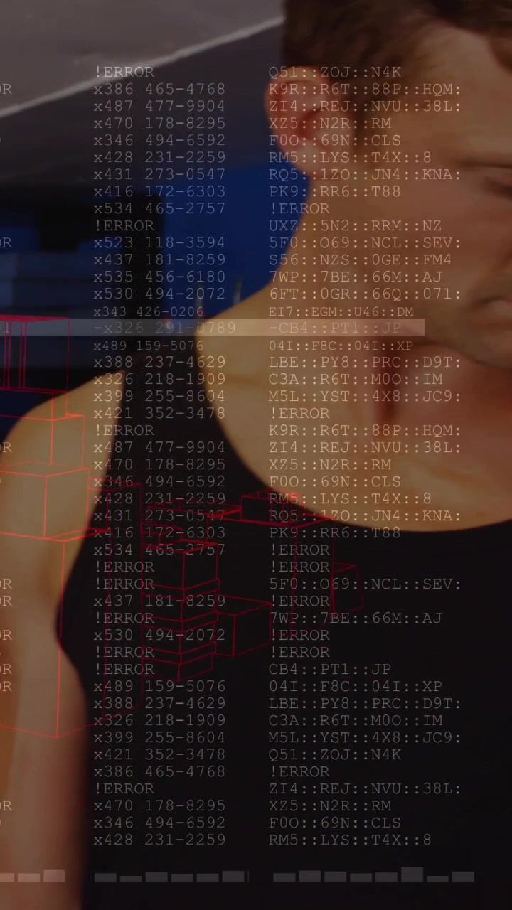 Vertical video: Gym lifter curling weight, red watch showing ERROR overlay while partner guiding