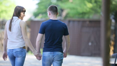 couple walking in park. back view of couple walking by the hand in park