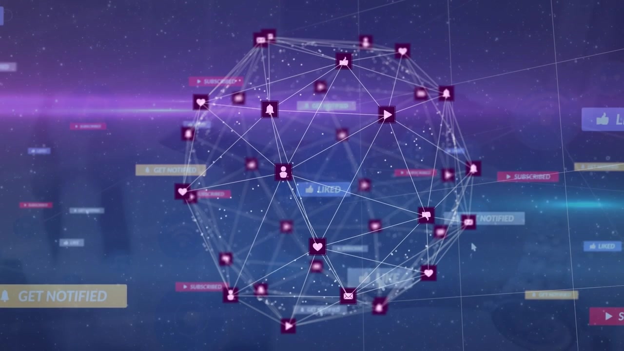 Animation af forbundne ikoner, der danner en globus over tekster og et ikon i notifikationslinjer med linseflares.