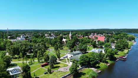 church tower and birstonas township in lithuania, aerial view