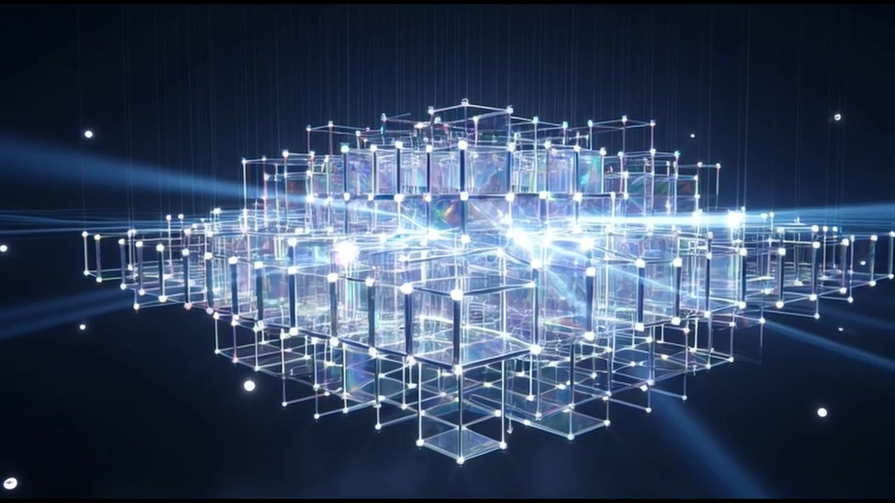 Abstract Digital Grid of Glowing Glass Cubes with Light Flares