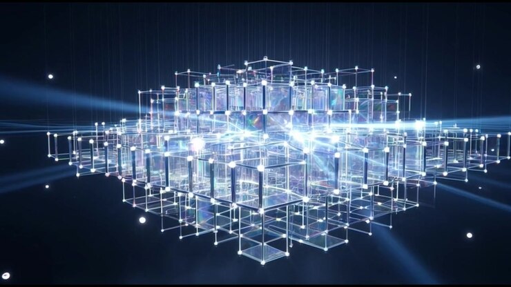 Abstract Digital Grid of Glowing Glass Cubes with Light Flares