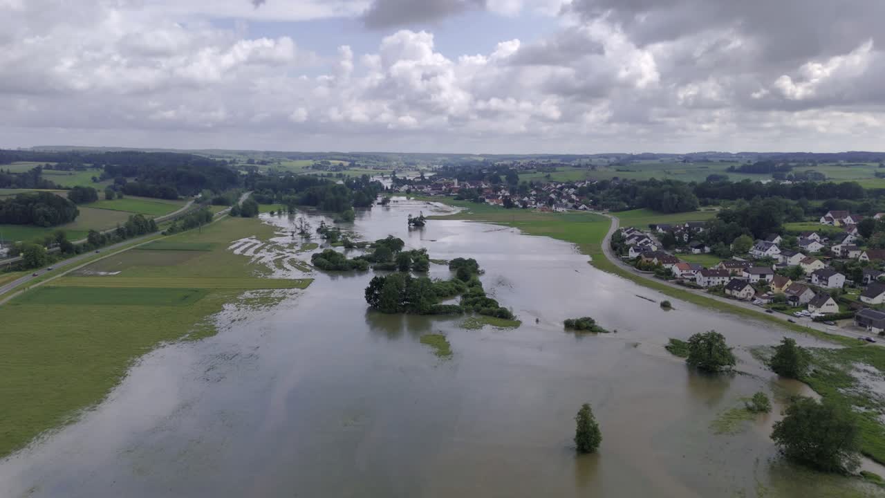 Fly over flooded Ilm near Pfaffenhofen during high water 2024 in Germany, Bavaria.