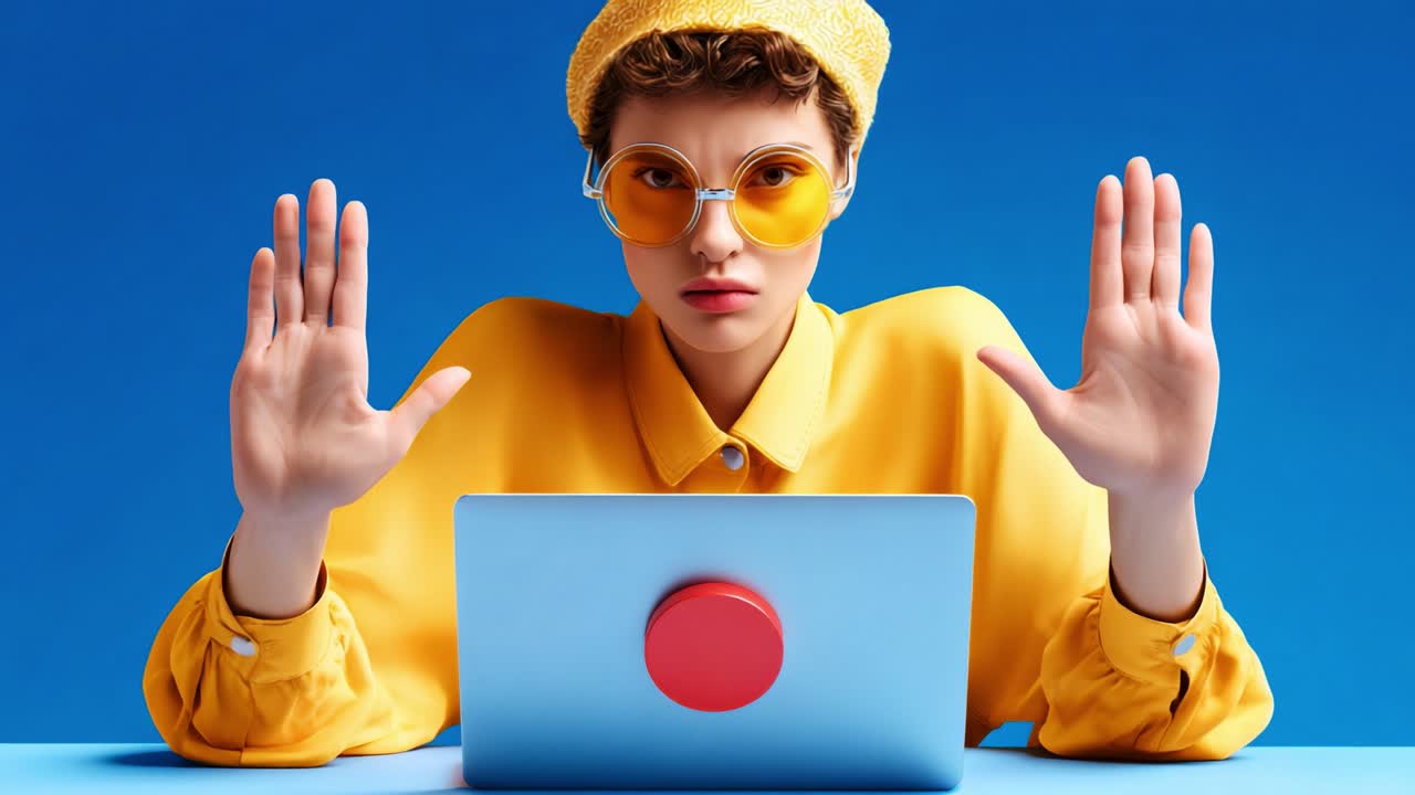 A young person in vibrant yellow attire and stylish sunglasses is seated at a desk, hands raised in a gesture of pause or stop, with a bright blue background, conveying a fashion-forward and modern vibe