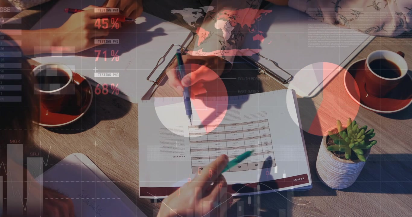 Animation of hand on laptop screen with glitch over world map and man using smartphone
