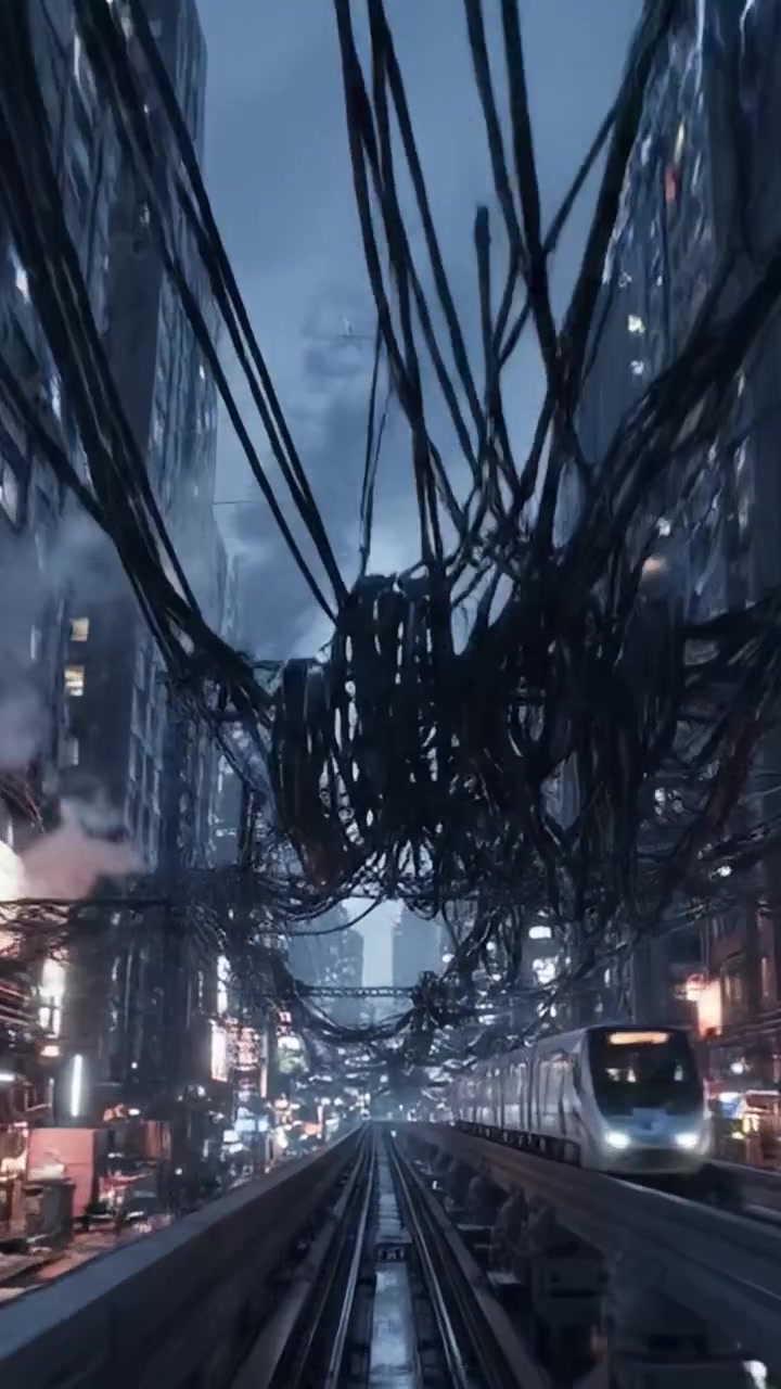 Uno splendido paesaggio urbano cyberpunk catturato in due fotogrammi, che mostra tempeste elettriche e architettura futuristica sotto un cielo cupo.