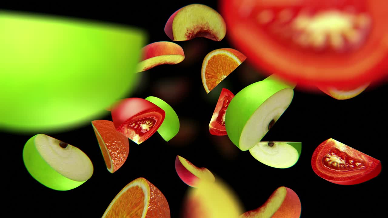 Fruit segments fall in the abyss, seamless loop, CG