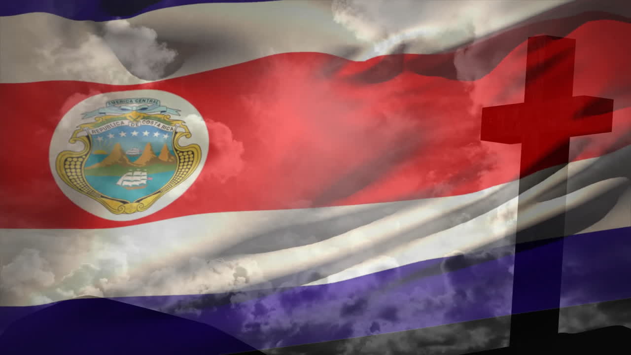 Costa Rican flag waving with cross silhouette and clouds in background animation