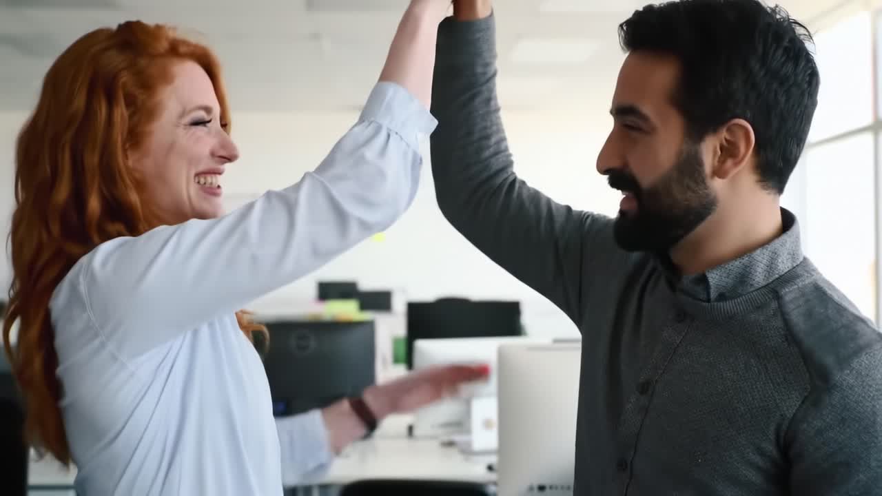Two colleagues share a joyful moment in a bright office space, showcasing teamwork and camaraderie. Laughter and smiles fill the atmosphere as they celebrate their achievement together.