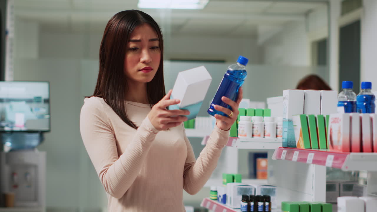 Woman choosing medicine in pharmacy