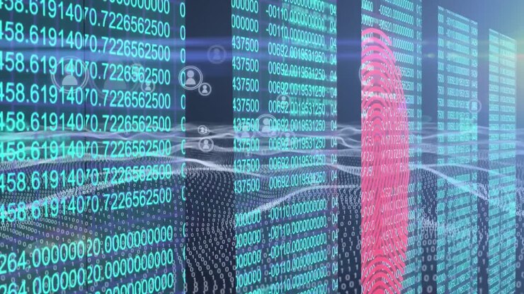 Animation of data processing and icons over black background