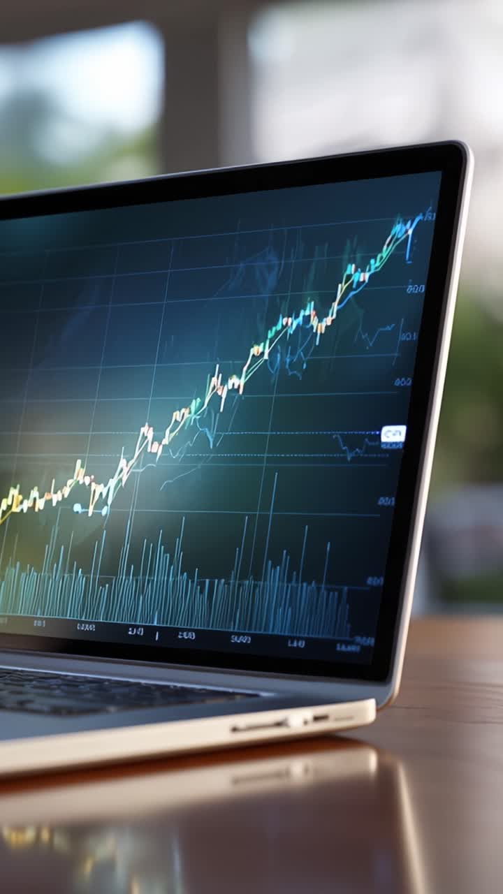 Analisi delle Tendenze Finanziarie: Una rappresentazione grafica dei dati di mercato che mostra una progressione continua verso l'alto nel tempo su uno schermo di laptop.