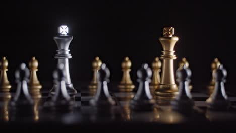 cinematic shot of two kings facing off on a chess board surrounded by pawns