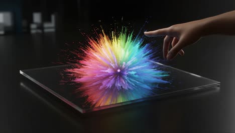 a vibrant explosion of color captured: touching the digital artistry of a rainbow burst emanating from a transparent surface in a mystical setting