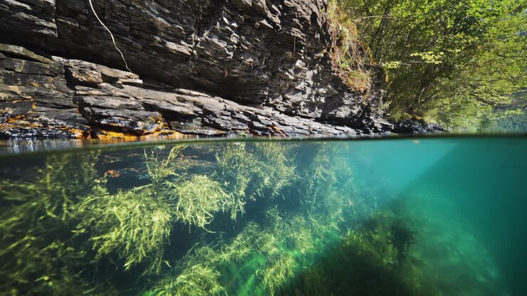 Una vista sdoppiata della costa rocciosa del fiordo di Geiranger, con acque limpide che rivelano una vivace vegetazione sottomarina. Alghe e kelp ondeggiano leggermente nell'acqua.