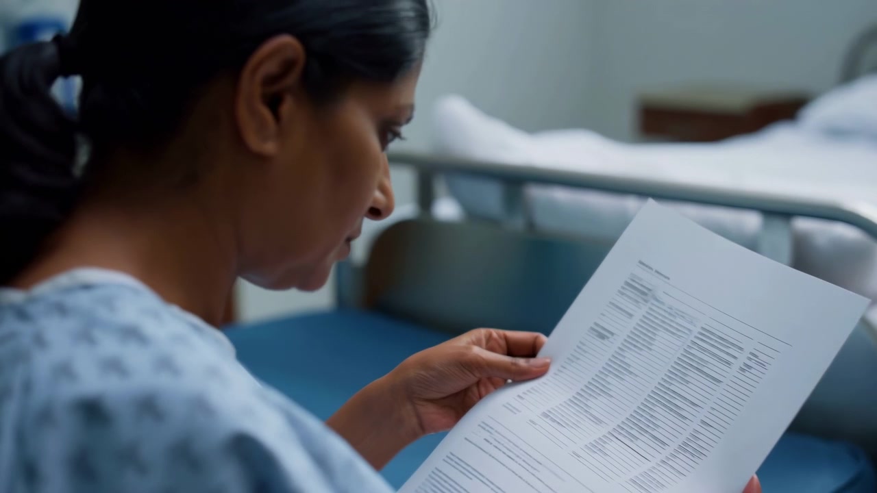 Seated woman studies printed paperwork near neatly made hospital beds, keeping both hands on document while soft light and shallow focus frame her profile in calm clinical interior.