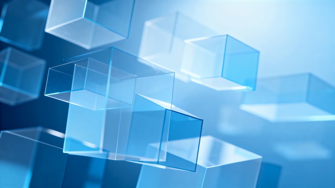Drifting on camera push and light shift, blue glass cube cluster rotating in studio, looping
