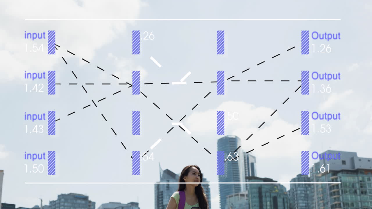 animación de procesamiento de datos contra mujer asiática de pie en la calle