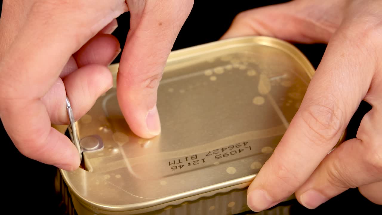 Hands open a rectangular sardine can with a pull tab, revealing tomato sauce inside. Bright, even lighting and close-up perspective highlight the step-by-step process