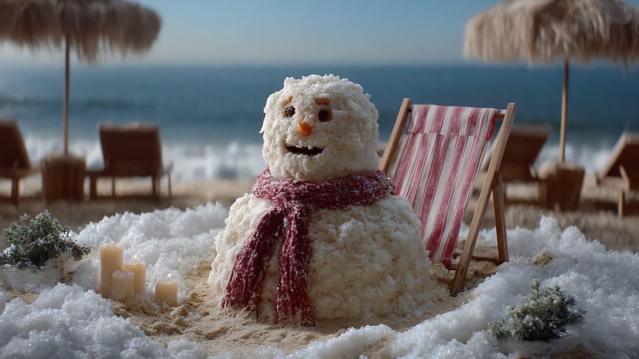 A Whimsical Beach Scene Featuring a Cheerful Snowman Relaxing in a Deck Chair Surrounded by Soft Sand, Candles, and Beautiful Ocean Views to Celebrate Summer Fun