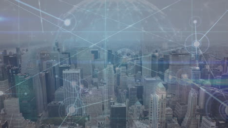 animation of network of connections over spinning globe against aerial view of cityscape