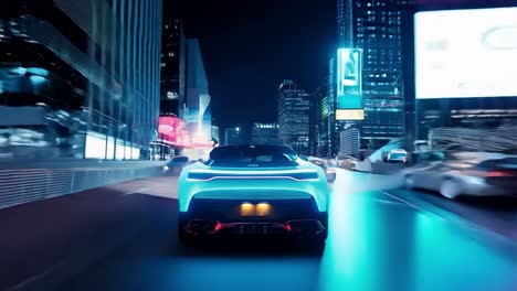 futuristic sports car driving through neon city at night