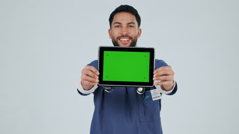 Face,-doctor-and-man-with-a-tablet