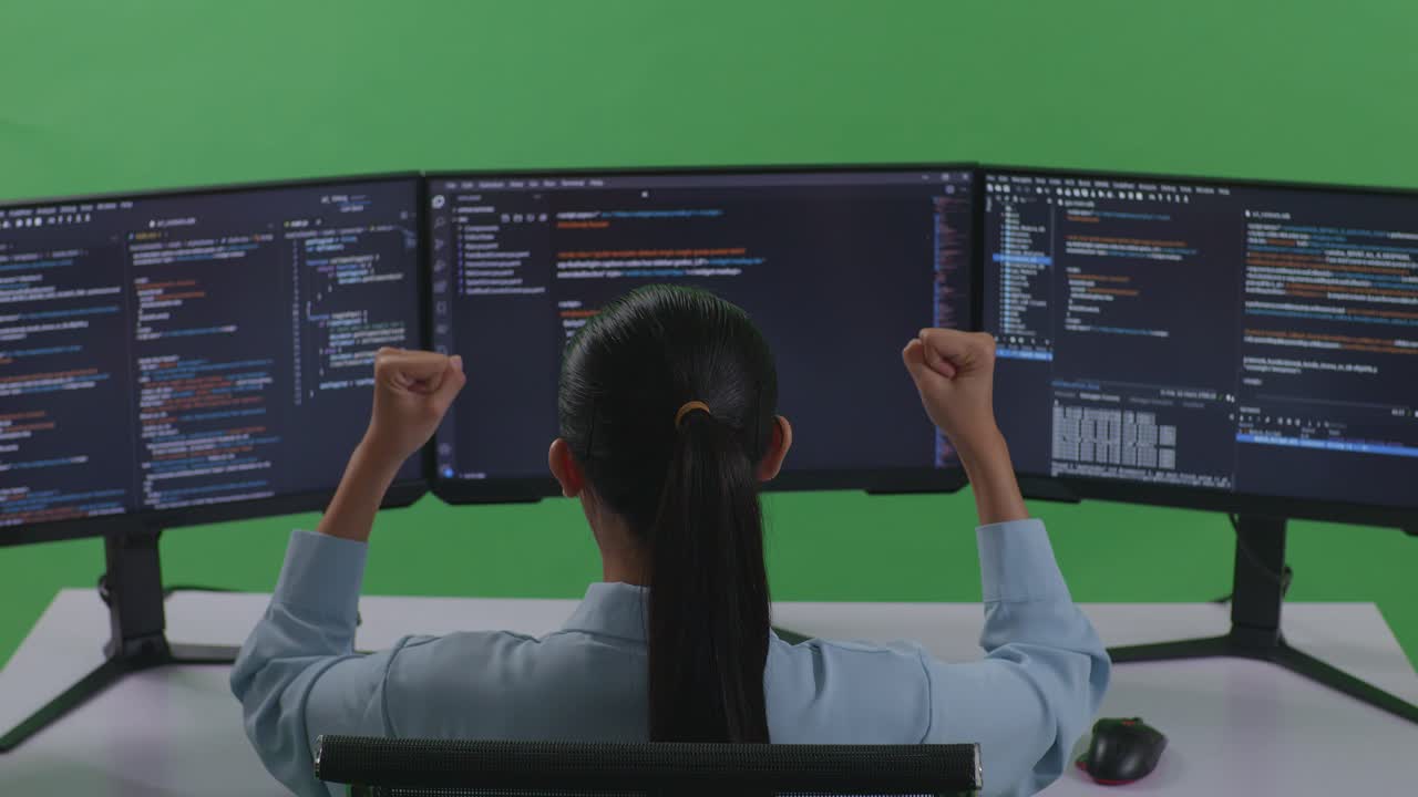 Back View Of Happy Asian Woman Developer Celebrating And Dancing While Write Code With Multiple Computer Screens In Green Screen Studio