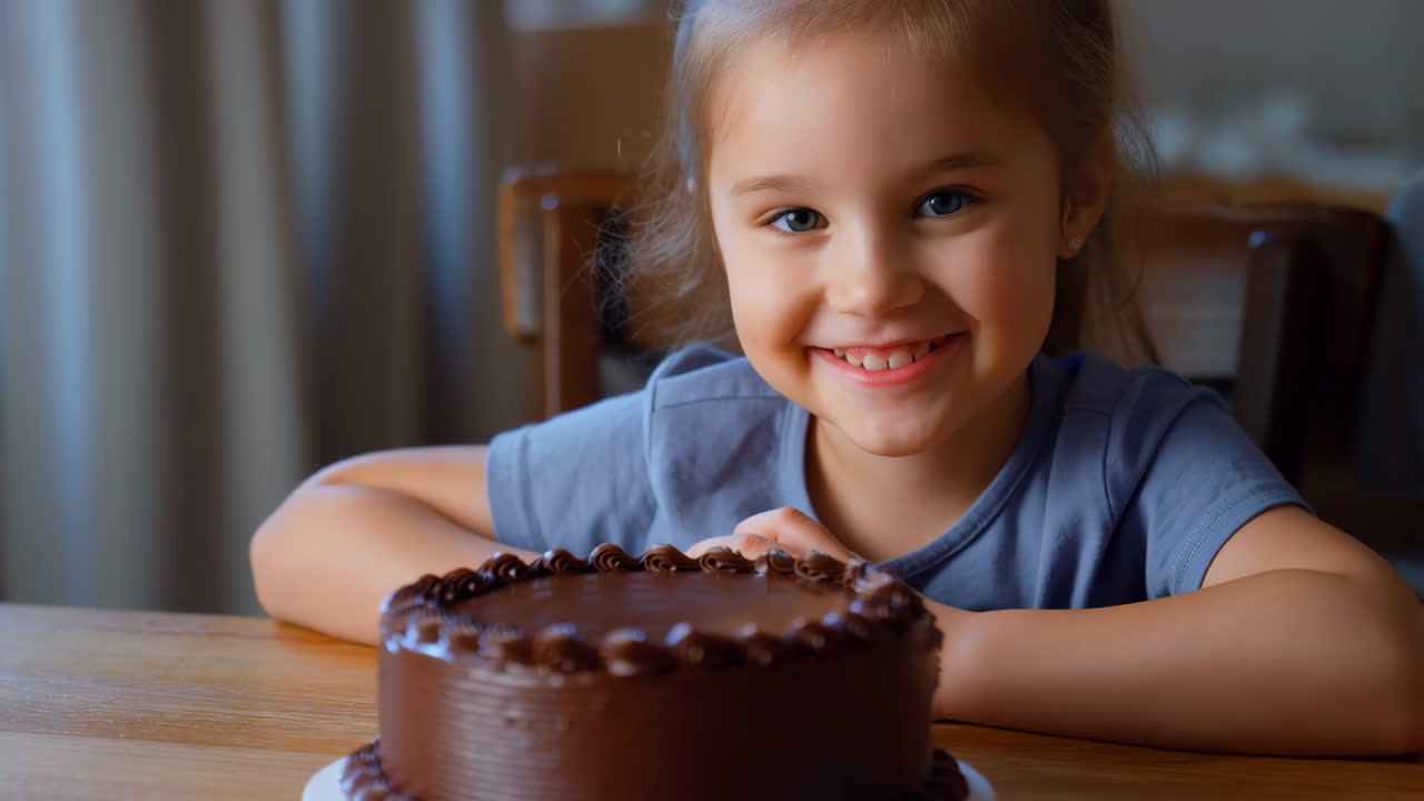 Happy Little Girl with Chocolate Birthday Cake