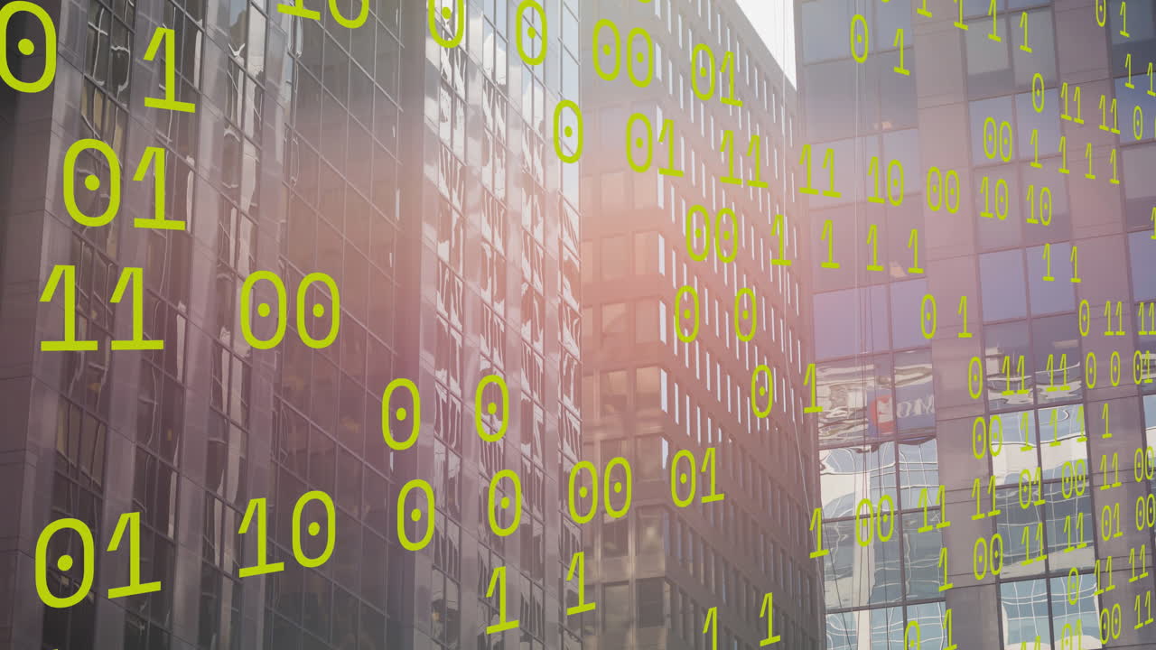 Animation of binary coding data processing against tall buildings