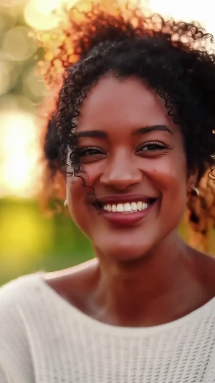Vídeo em close-up de uma mulher sorridente em luz natural, capturando alegria e calor de um ângulo lateral