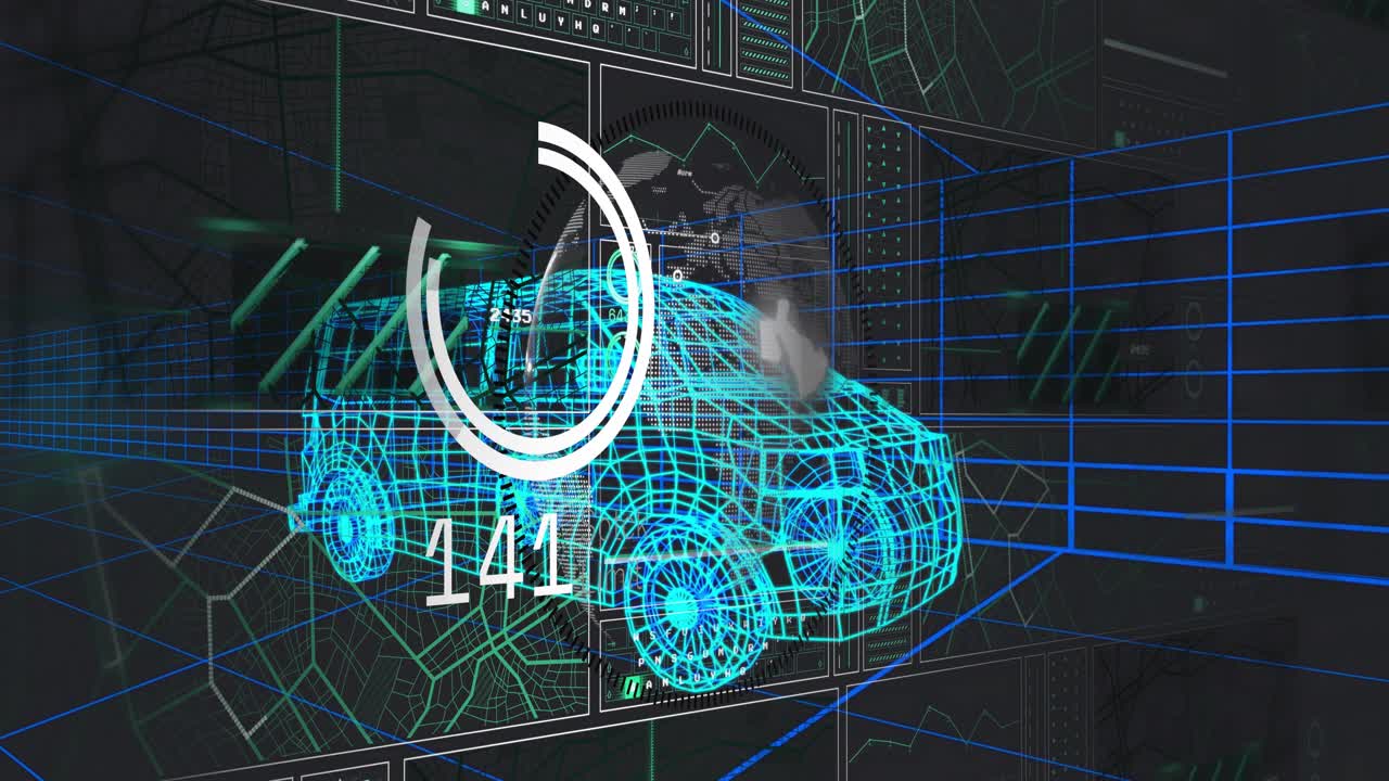 Al cargar, una furgoneta cian en wireframe mostrando un globo terráqueo, con un indicador de rendimiento subiendo, números descendiendo y paneles deslizantes.